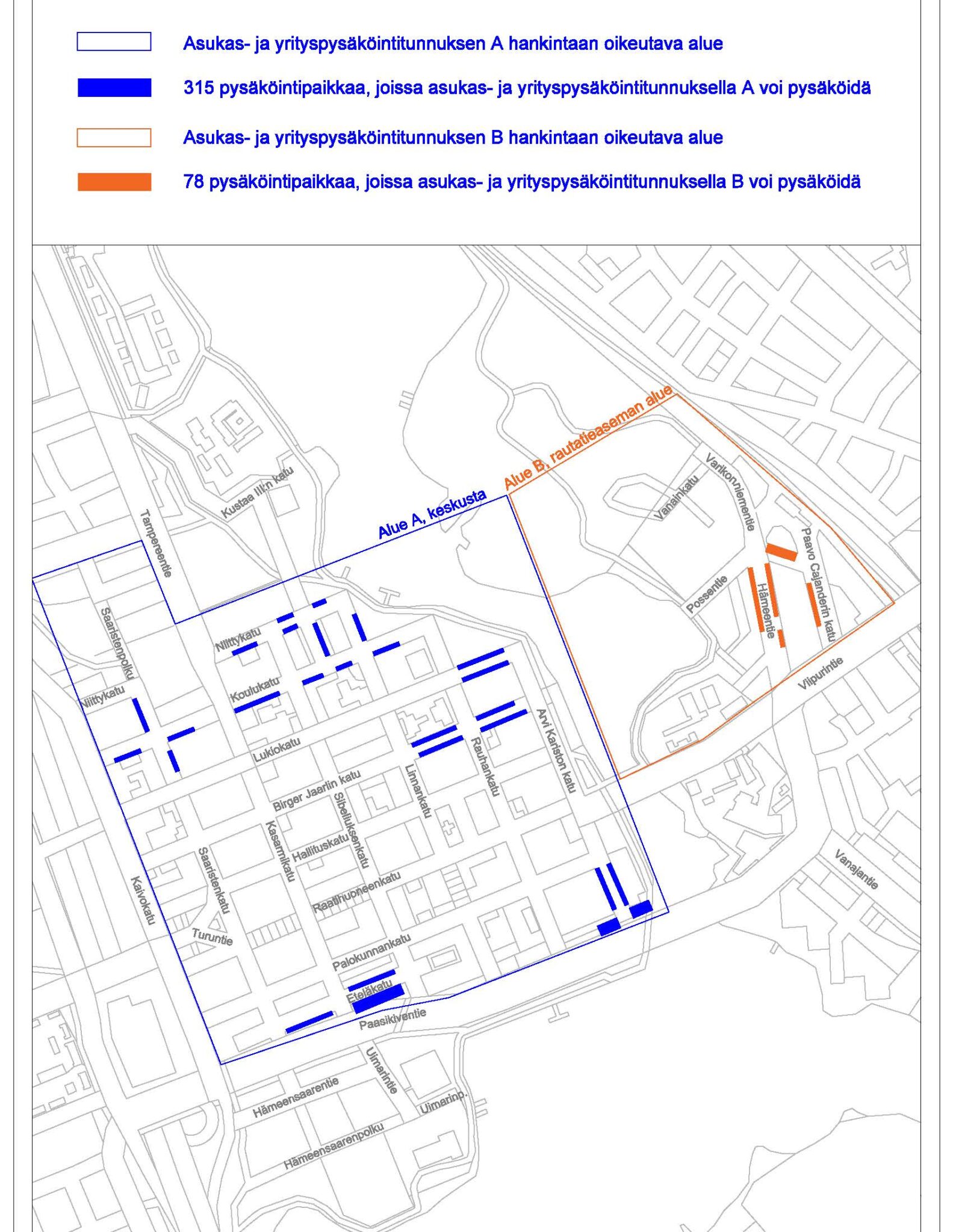Asukas- ja yritystunnuspysäköintialueet.